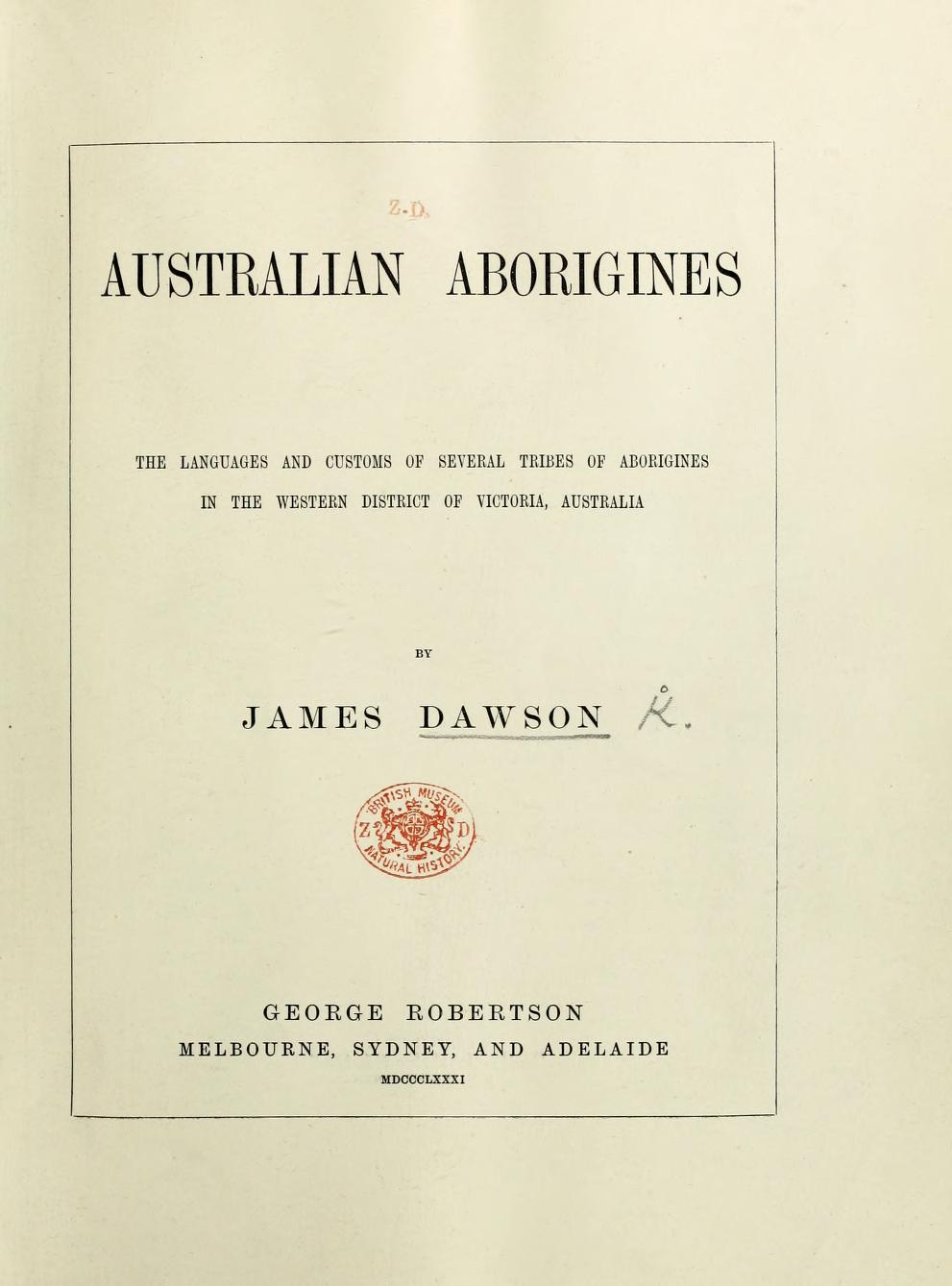 Original title page of James Dawson’s Australian Aborigines, 1881.