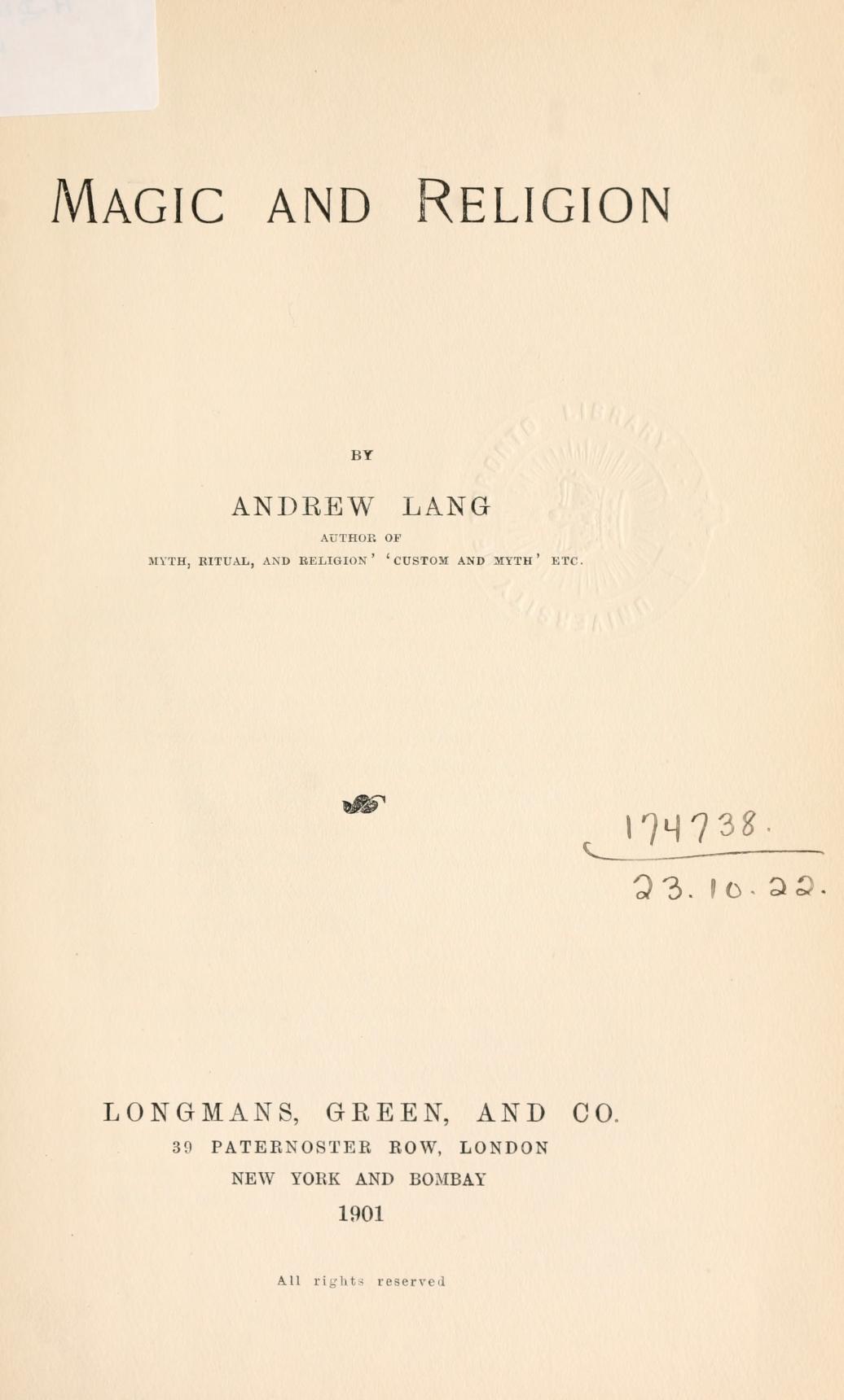 Original title page of Andrew Lang’s Magic and Religion, 1901.