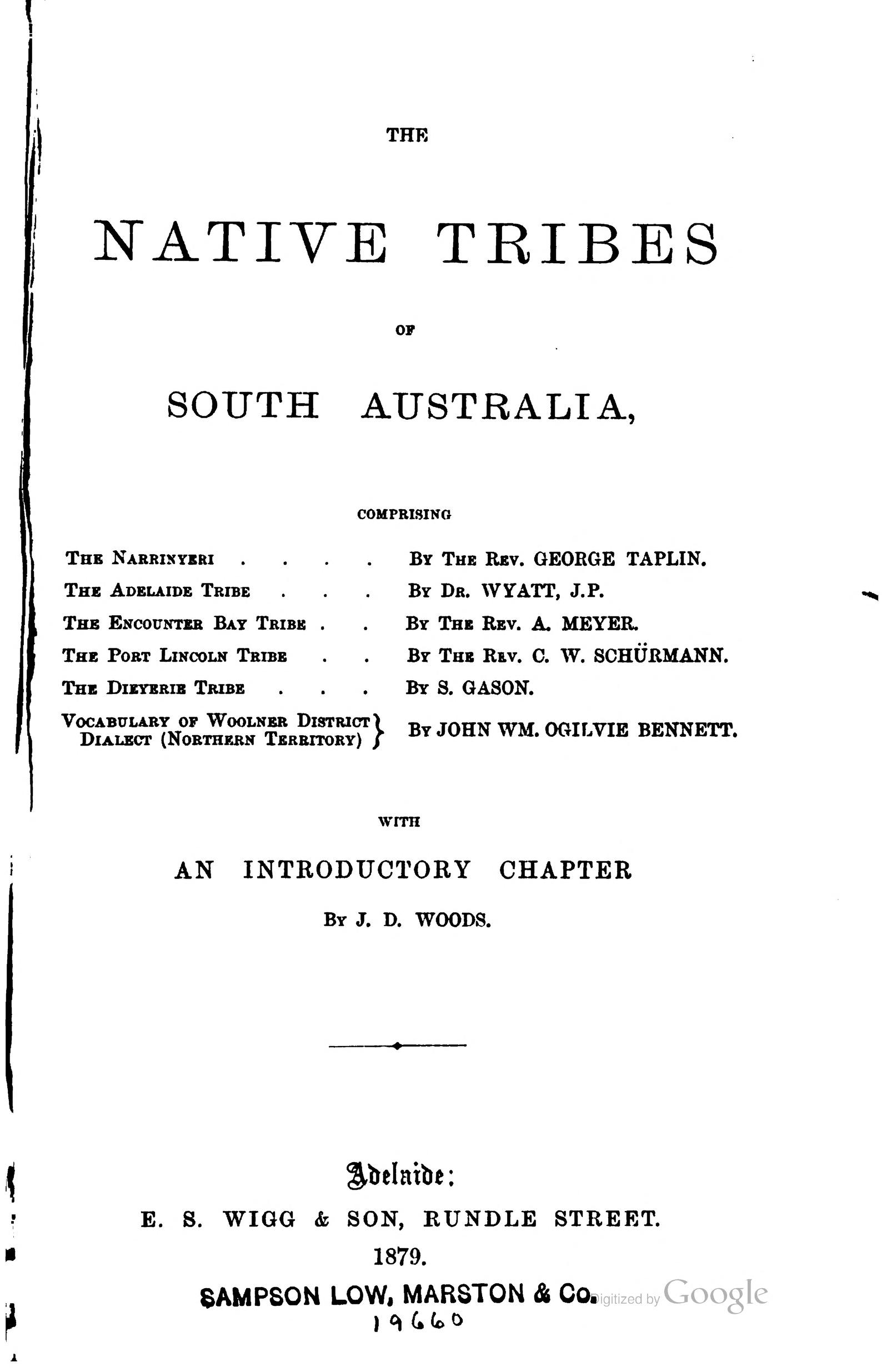 Original title page of The Native Tribes of South Australia, edited by J. D. Woods, 1879.