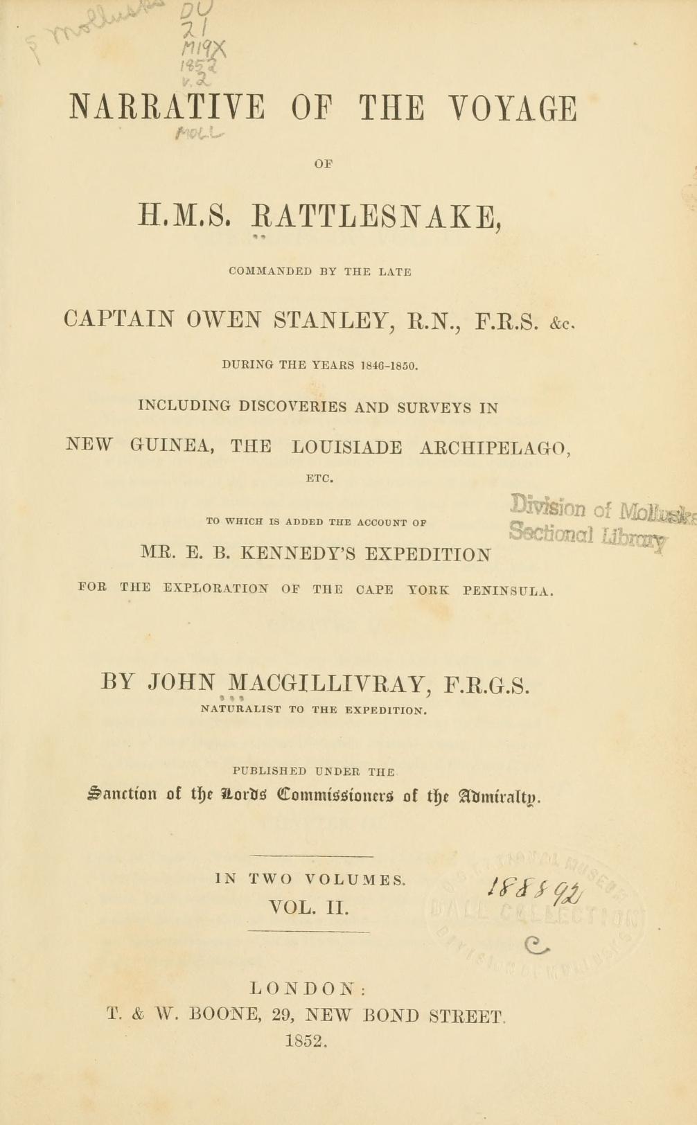 Original title page of John Macgillivray’s Narrative of the Voyage of H.M.S. Rattlesnake, volume II, 1852.